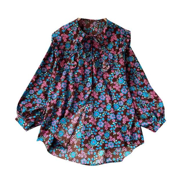 

women's retro floral print shirt female single-breasted fungus lapel loose all-match blouse d008 210507, White