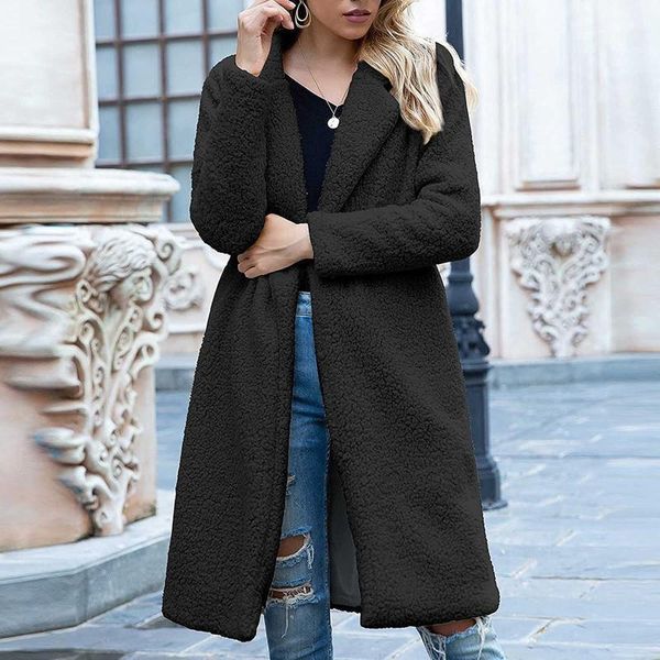 

women's wool & blends 2021 lapel long coat for women fall winter warm cardigan clothes womens solid color long-sleeved overcoat casaco, Black