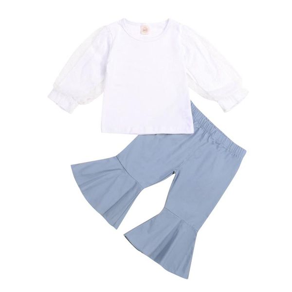 

clothing sets 2pcs set kids baby girl puff long sleeve cotton t-shirt flared pant bell bottom outfits fashion children girls clothes, White