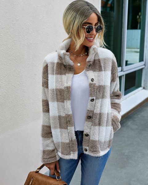 

women's fur & faux women short jacket 2021 plaid autumn winter pocket overcoat teddy coat fashion oversized outwear, Black