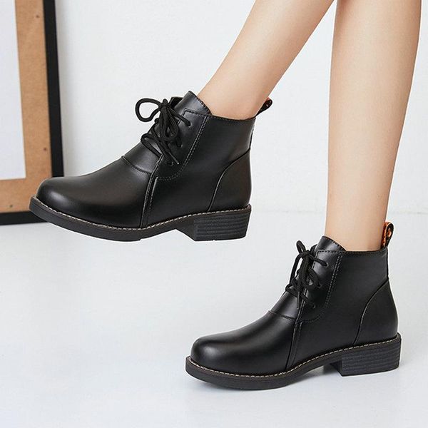 

boots autumn winter lady short round toe faux leather comfortable low-heeled knight cross straps non-slip women shoes, Black