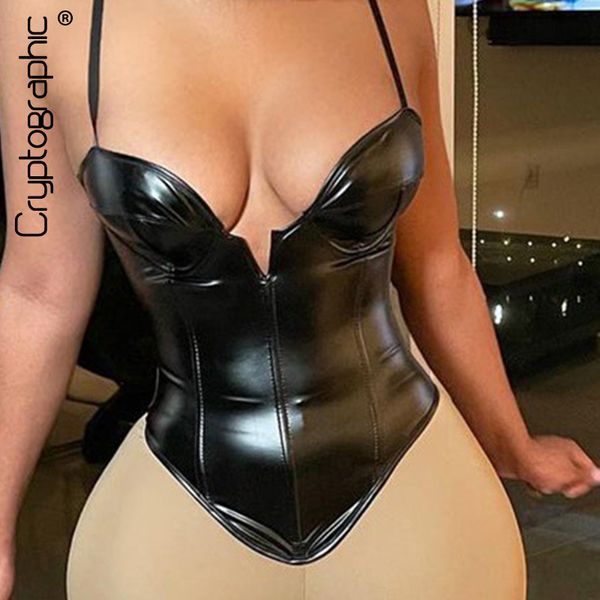 

cryptographic fashion pu leather backless straps crop women zipper sleeveless cropped club party outfits summer, Black;white