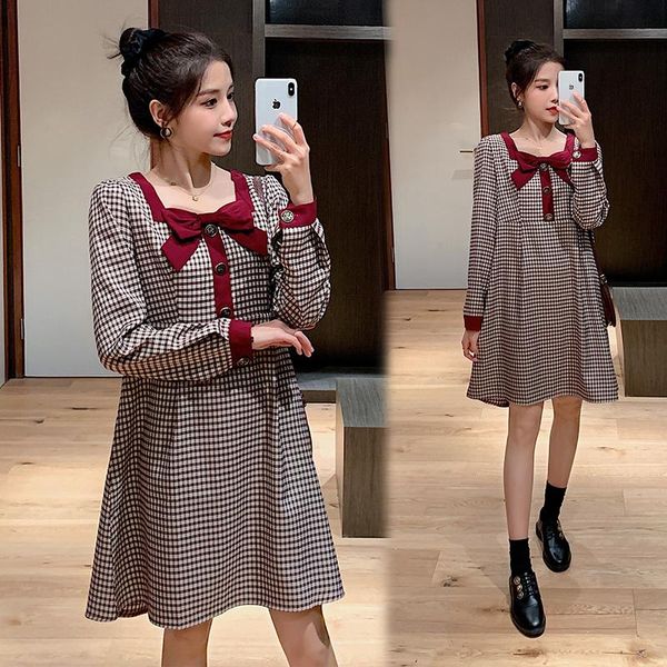 

maternity dresses 8802# clothes spring autumn long sleeves plaid fashionable dress for pregnant women pregnancy, White