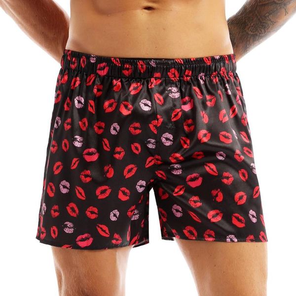 

underpants silk satin men boxers sissy lips print frilly shiny underwear gay male trunk underpant sleepwear shorts, Black;white