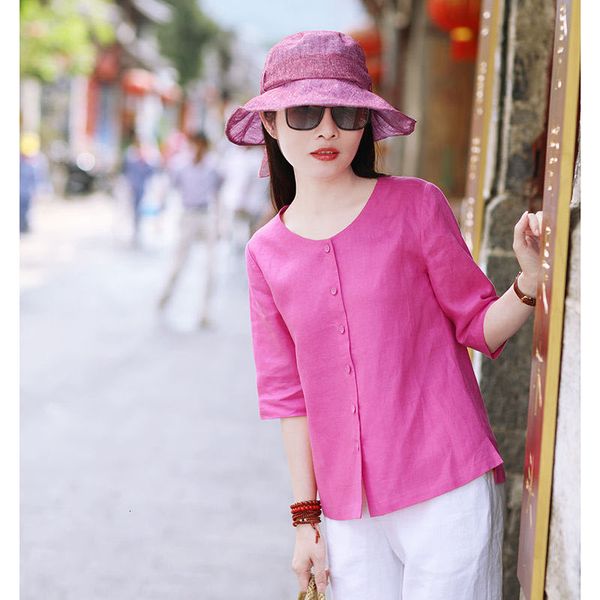 

t shirts summer arts style women half sleeve loose solid o-neck shirts single-breasted cotton linen vintage blouses plus size m19 xc7o, White