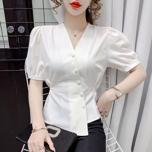 

women's blouses & shirts irregular shirt v-neck temperament slim design in summer womens and regular solid, White