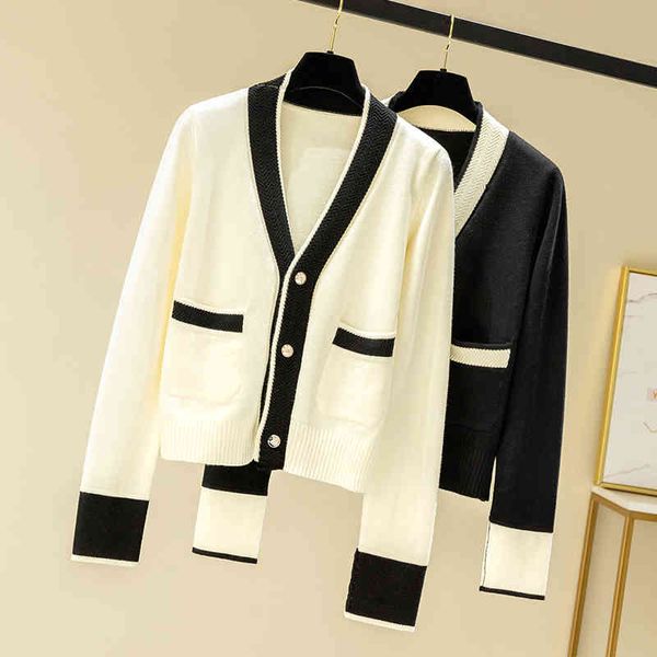 

women's sweaters elegant v-neck long sleeve knitted cardigan women korean patchwork pocket loose sweater autumn modis white b, White;black