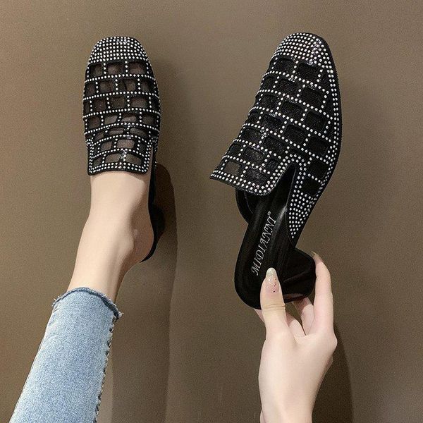 

summer elegant high heel women sandals chunky shoes lady thick slip-on mules flip flops home slippers, Black