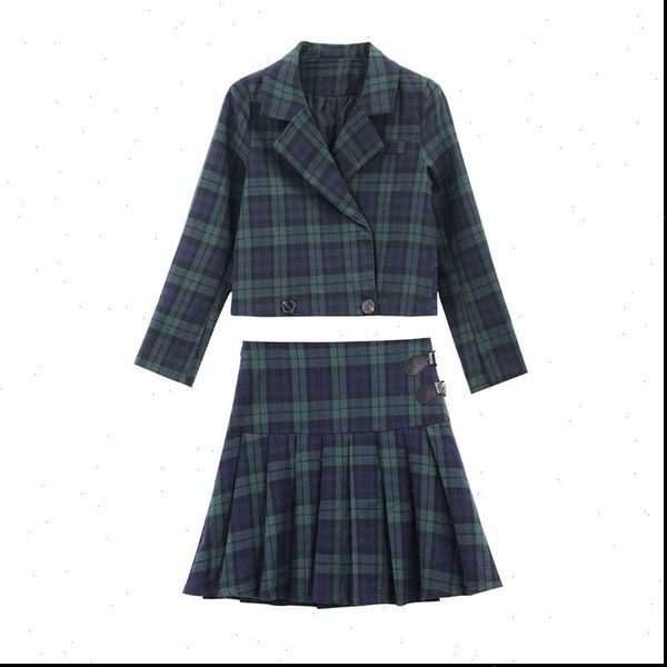 

green notch collar two womens dresses pieces set plaid suit button mini short pleated skirt long sleeve t0248, White