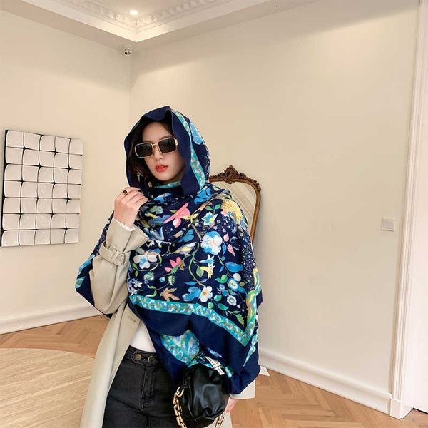 

autumn and winter imitation cashmere women's double-sided printed long celebrity shawl national style scenic spot scarf, Blue;gray
