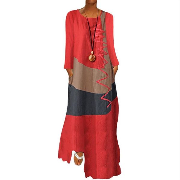 

plus size vintage womens dresses o neck long sleeve color block wavy line pockets maxi loose, Black;gray