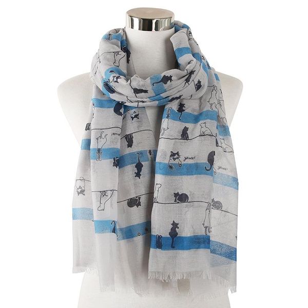 

scarves women girls stripe kitten printed voile shawl wrap hijab scarf female ladies clothing accessories, Blue;gray
