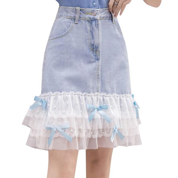 

skirts zoki elegant lace patchwork women denim skirt pearl a line jeans fashion light blue streetwear korean ladies, Black