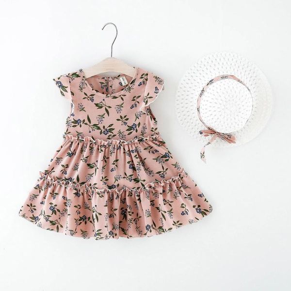 

summer baby dress toddler kids girls sleeveless ruffle floral princess dress+hat clothing casual girl's dresses, Red;yellow