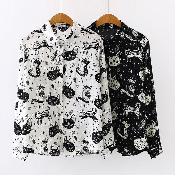 

women's blouses & shirts harajuku blouse personality print long sleeve turn down collar female streetwear, White