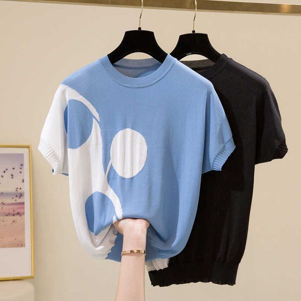 

4xl plus size summer knitted pullover women sweater shirt female all-match short sleeve pullover jumper korean style 210604, White;black