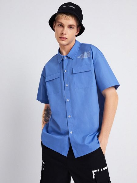 

men letter graphic drop shoulder button front shirt m72c#, White;black