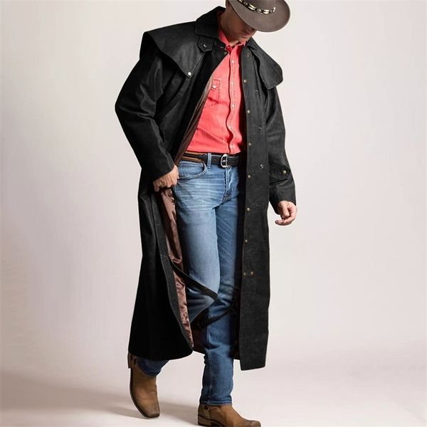 Мужская кожаная куртка с лацканами, модная винтажная ковбойская длинная куртка, панк-ветровка, мотоциклетная куртка, стимпанк, шинель 211111