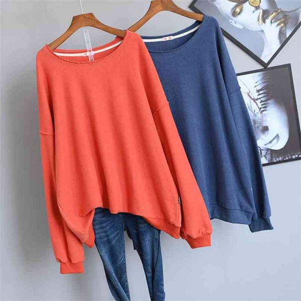 

spring korean simple pure color loose slimming women hoodies plus size casual all-match mid-length 210813, Black