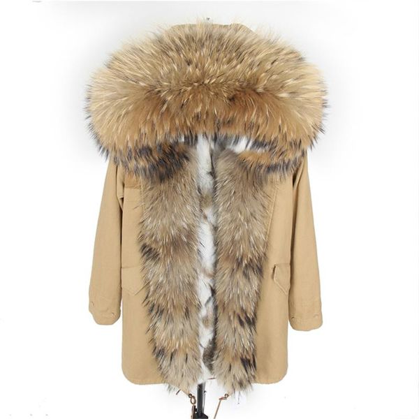 

women's fur & faux 2021 fashion women real coat liner hooded long outwear army green large raccoon collar winter warm jacket, Black