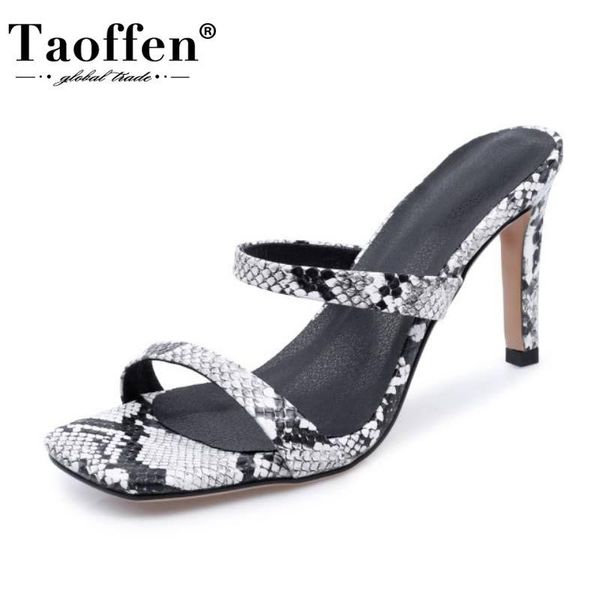 

taoffen sandals square toe summer women shoes thin high heels snakeskin slip on casual slippers size 33-42, Black