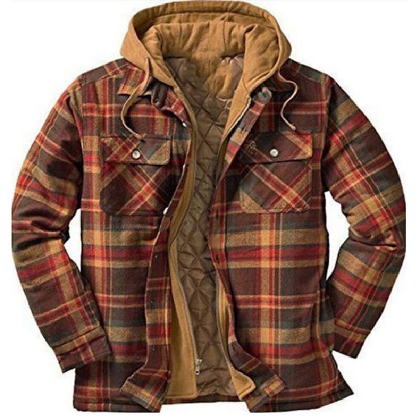 

wholesale designer style shirt european and american autumn and winter thick cotton plaid long-sleeved loose hooded jacket jacket size s-5xl, Black;brown