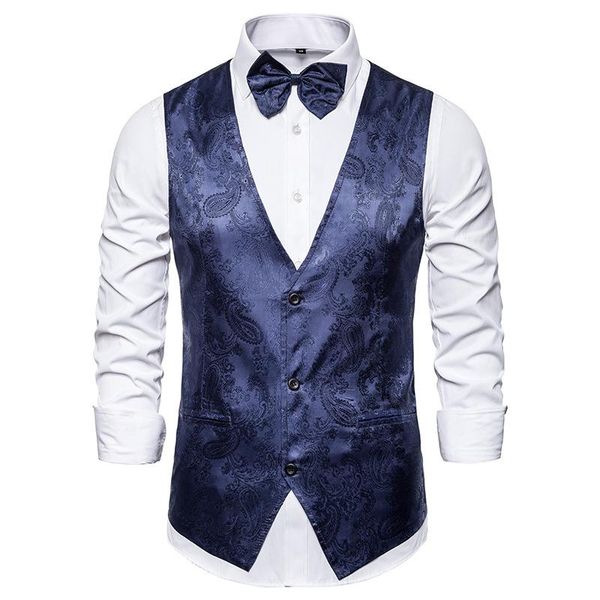 

men's vests men paisley print dress vest classic retro v neck single breasted suit tuxedo waistcoat nightclub stage dj performance cost, Black;white