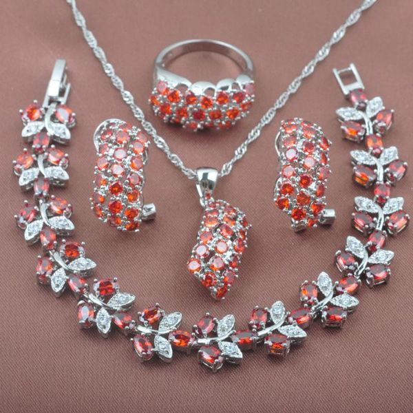 

earrings & necklace perfect red stone crystal jewelry sets women's silver color bracelet pendant ring gift box yz0283