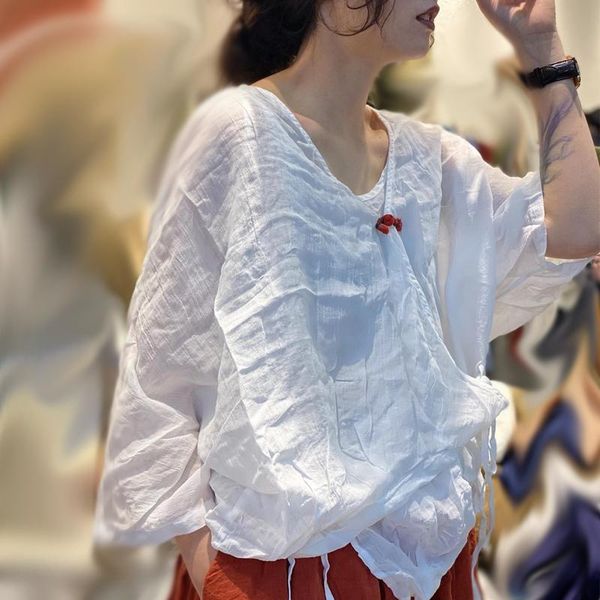 

women's blouses & shirts qpfjqd ladies v-neck half sleeve button belt linen 2021 summer autumn solid color women loose retro casual, White