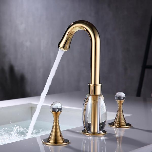 

bathroom sink faucets basin brass polished gold deck mounted square 3 hole double handle and cold water tap 855834