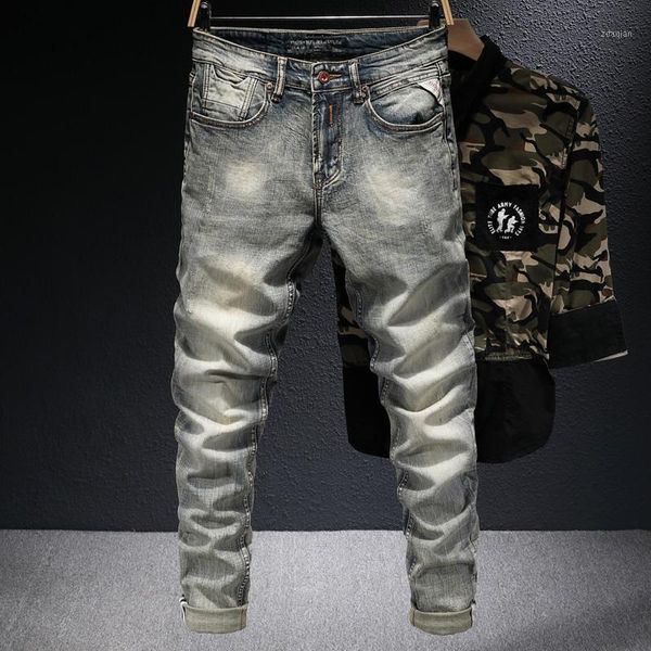 

italian style fashion men jeans retro wash slim fit elastic cotton distressed ripped denim trousers vintage designer long pants men's, Blue