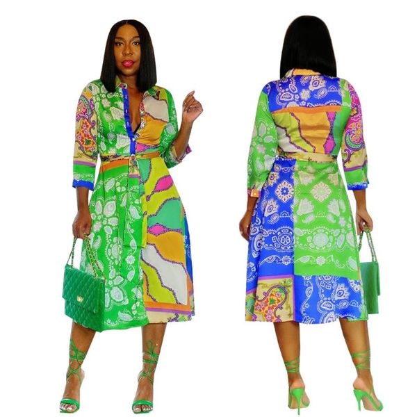 

casual dresses lady blouse dress button long sleeve lapel loose tie graffiti color patchwork ethnic style retro skirt, Black;gray
