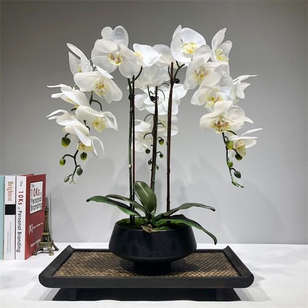 Großes künstliches Orchideen-Blumenarrangement PU, fühlt sich echt an und fühlt sich am Boden an. Tischdekoration für Zuhause, hochwertiger Blumenstrauß ohne Vase 210317