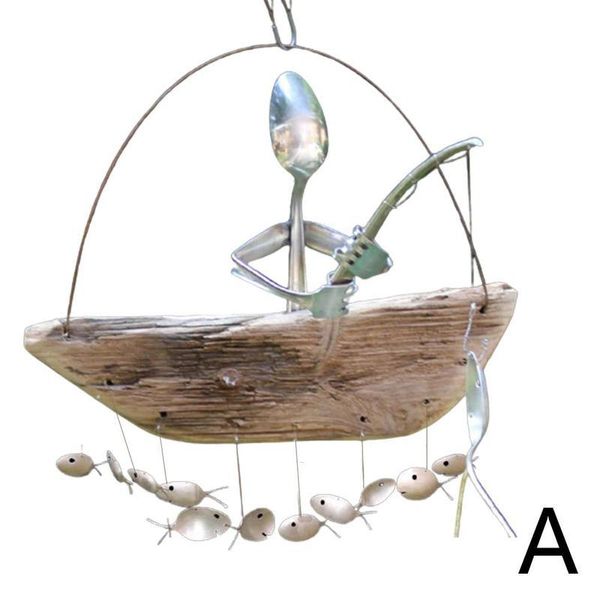 

angler wind chime bell wooden boat fishing man fish hook tackle hooks