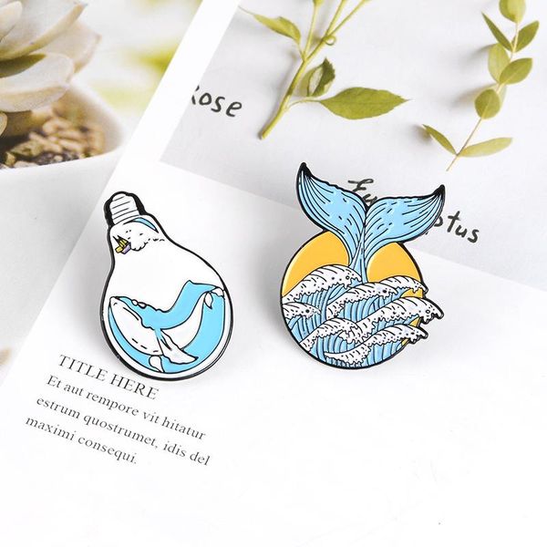 

pins, brooches blue tumbling wave whale tail creative bulb shape metal brooch personality marine animal badge remind us to protect animals, Gray