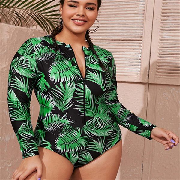 

one-piece suits women's rashguard long sleeve zip swimsuit leaves print surfing one piece driving swimwear plus size beach seaside bath