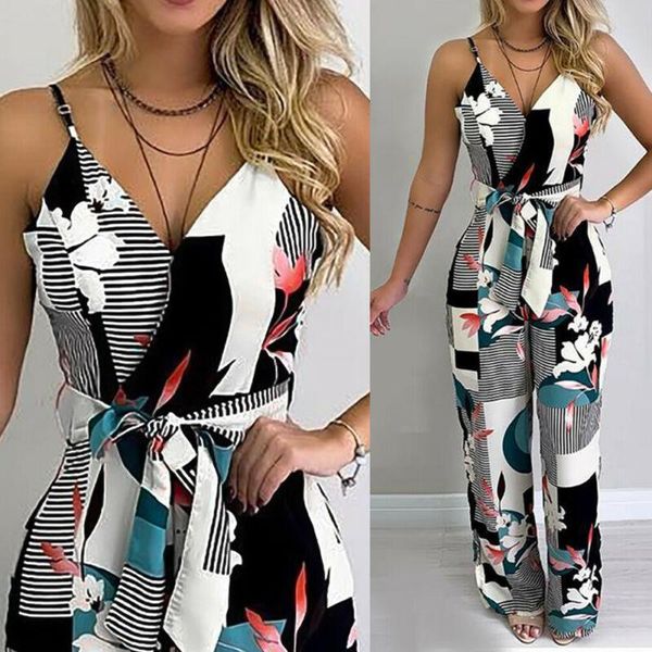 

women's jumpsuits & rompers 2021 autumn women jumpsuit casual sleeveless v neck loose wide leg pants suit print playsuit size female cl, Black;white