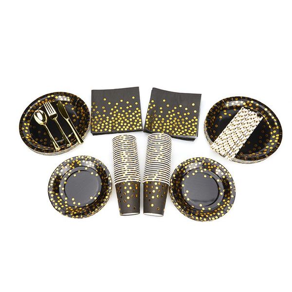 

disposable dinnerware 8 pc black foil gold dot year party decoration cake dish paper plates straws birthday graduation favors