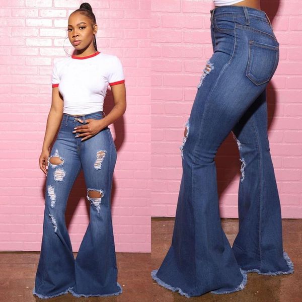 

women's jeans fashion ripped for women clothes skinny bell bottom flare female casual elegant hole party denim pants, Blue