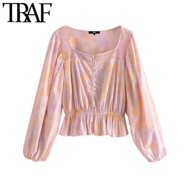 

women fashion button-up tied-dye cropped blouses vintage long sleeve ruffled hem female shirts blusas chic 210507, White