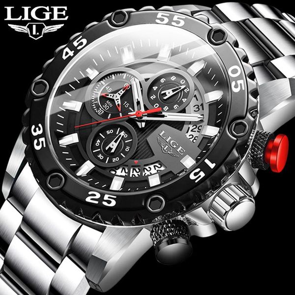 

wristwatches lige 2021 fashion men's watches waterproof sport quartz style watch men all steel big dial date chronograph clock wristwat, Slivery;brown