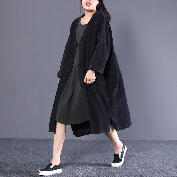 

women's trench coats 2021 autumn clothing korean version of loose large-code literary and artistic wick velvet a disc buckle long wind, Tan;black