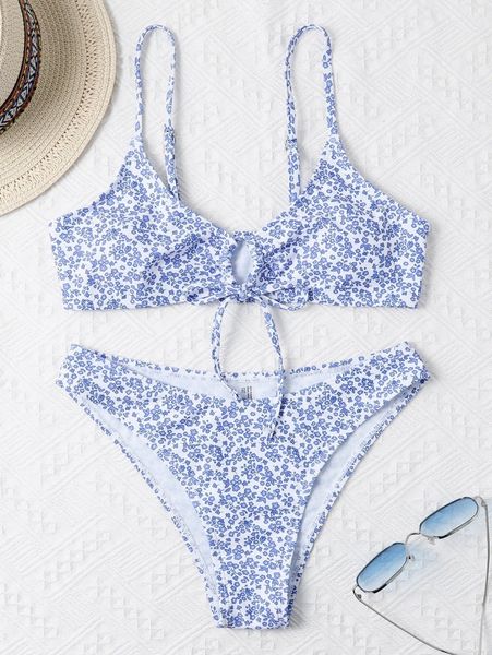 

ditsy floral tie front bikini swimsuit e65a#, White;black