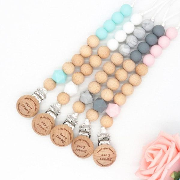 

pacifier holders&clips# selling personalized beech wood beads clips dummy chain holder cute baby teething toy infant clip