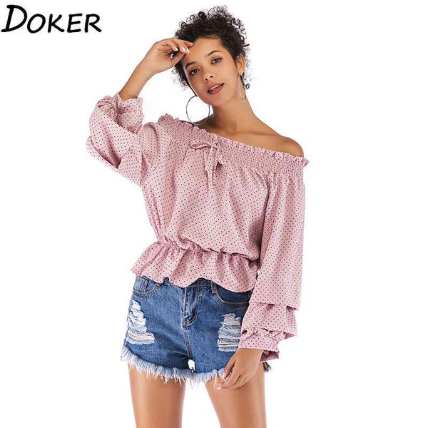 

summer ladies off shoulder long sleeve polka dot women shirt streetwear womens and blouses elegant chiffon blouse 210423, White