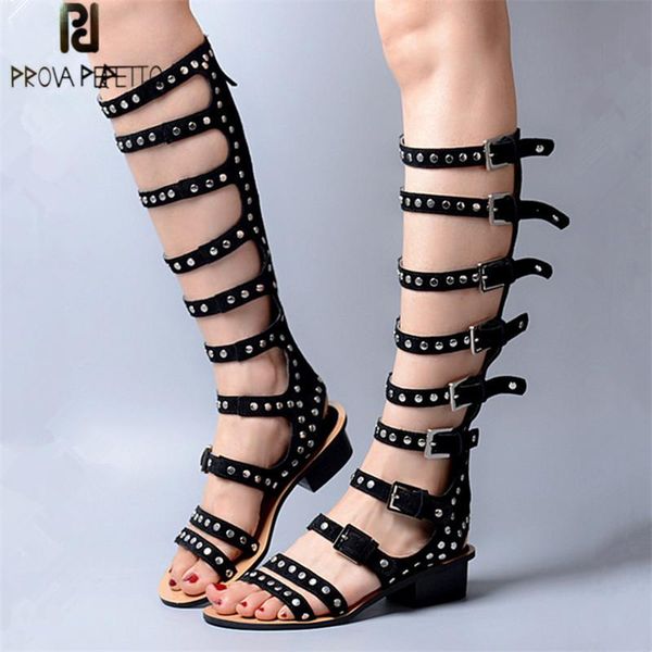

prova perfetto full rivets studded women sandals straps suede low heel gladiator sandal hollow out summer boots high boats, Black