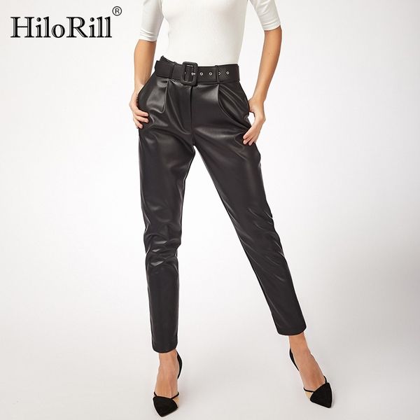 

women black faux leather pants with belt high waist sashes pockets office ladies long harem trousers pantalons 210508, Black;white