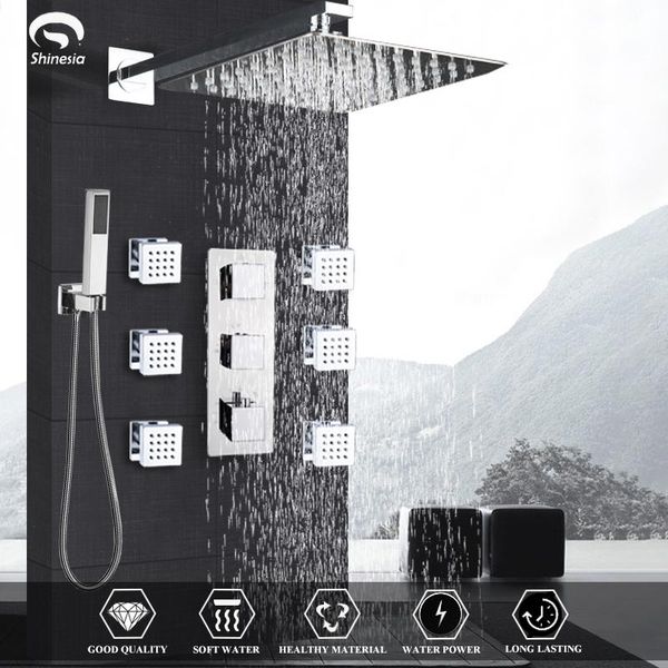 

shinesia chrome thermostatic shower faucets set rain waterfall massage jets 3-way mixer tap bath bathroom sets