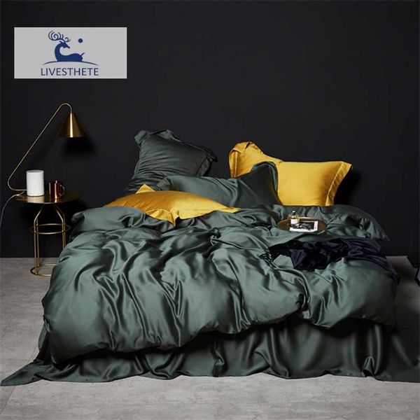 Liv-esthete verde escuro 100% de seda cama de seda saudável seda de seda luxo rainha rei edredom capa lisa folha de cama de cama set 211007