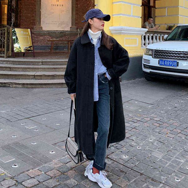 

cotton thickened tweed coat women's autumn and winter 2021 korean loose long knee temperament woolen, Black